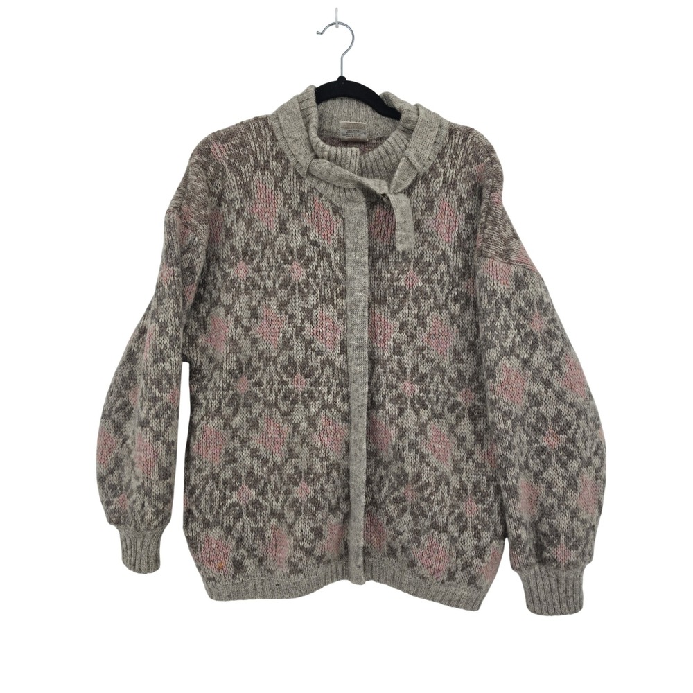 Hilda Ltd Icelandic Wool Cardigan Sweater Grey Pink Fair Isle Vintage Womens S